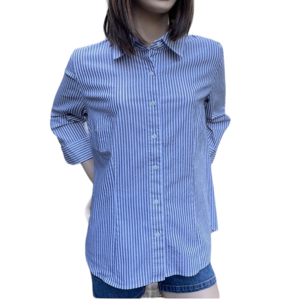 Covington 3/4 sleeve Blue White Glitter Pin Stripe Blouse Size Large - Picture 4 of 11